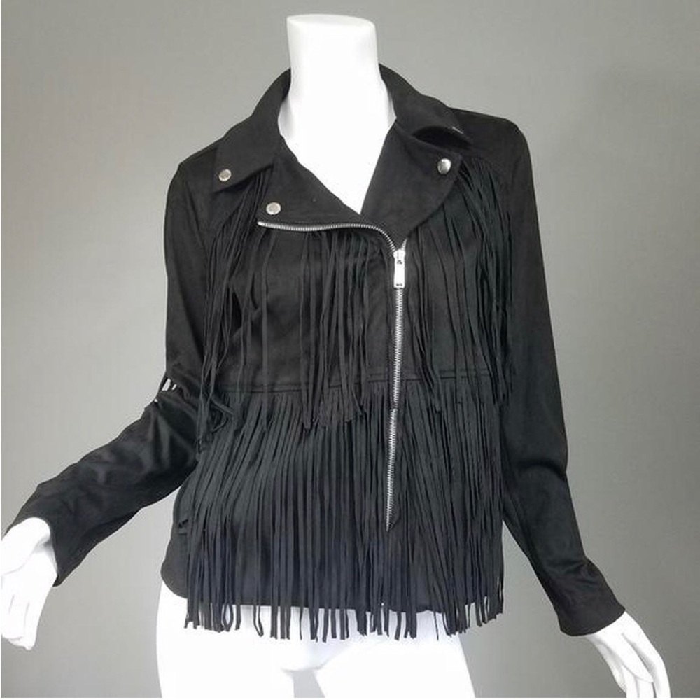 Michael Kors Black Fringe Faux Suede Leather Jacket mrsp $295 sz L